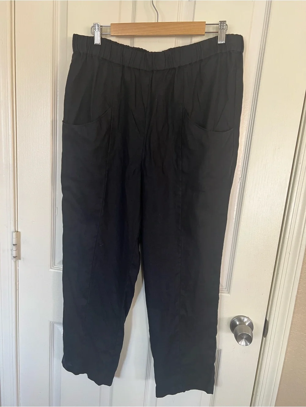 Quince 100% European Linen Pants Black L Elastic Waist Pockets